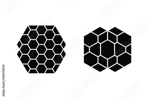 Abstract black and white hexagonal geometric patterns representing honeycomb structures
