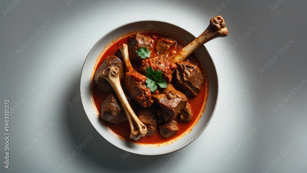 Fototapeta premium Delicious mutton curry with herbs and spices on neutral background