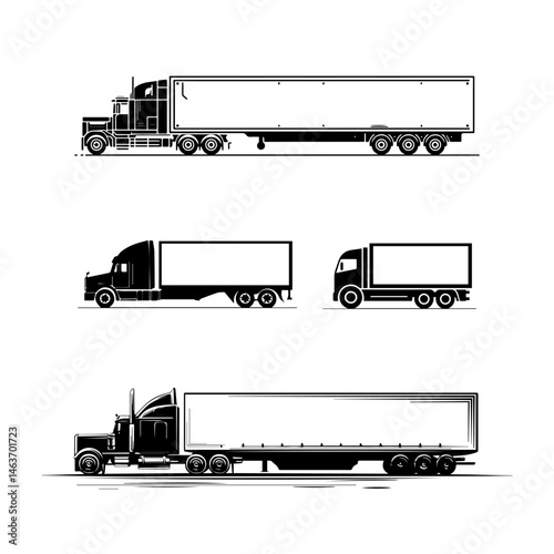 Black and white illustrations showcase various truck designs emphasizing size differences