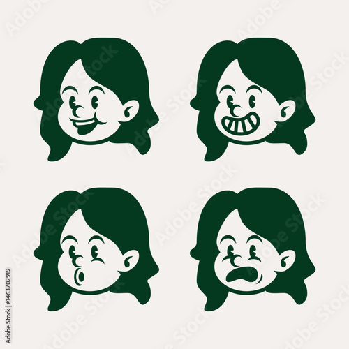 Set of cute cartoon girl faces with different emotions including happy, angry, winking, and serious expressions. Simple flat vector for emoji, stickers, or character design