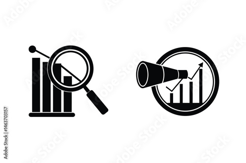 Financial analysis illustration showing magnifying glass with decreasing trend and telescope with increasing trend