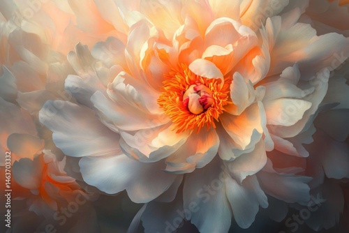Close-up view of a luminous peony blossom.