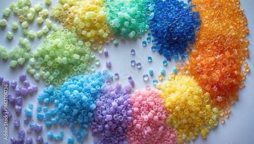 Laboratory display of assorted colored polymer granules on table photo