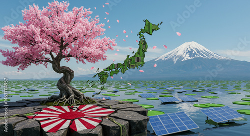 Japan Tech Landscape with Cherry Blossom Tree and Solar Panel Renewable Energy