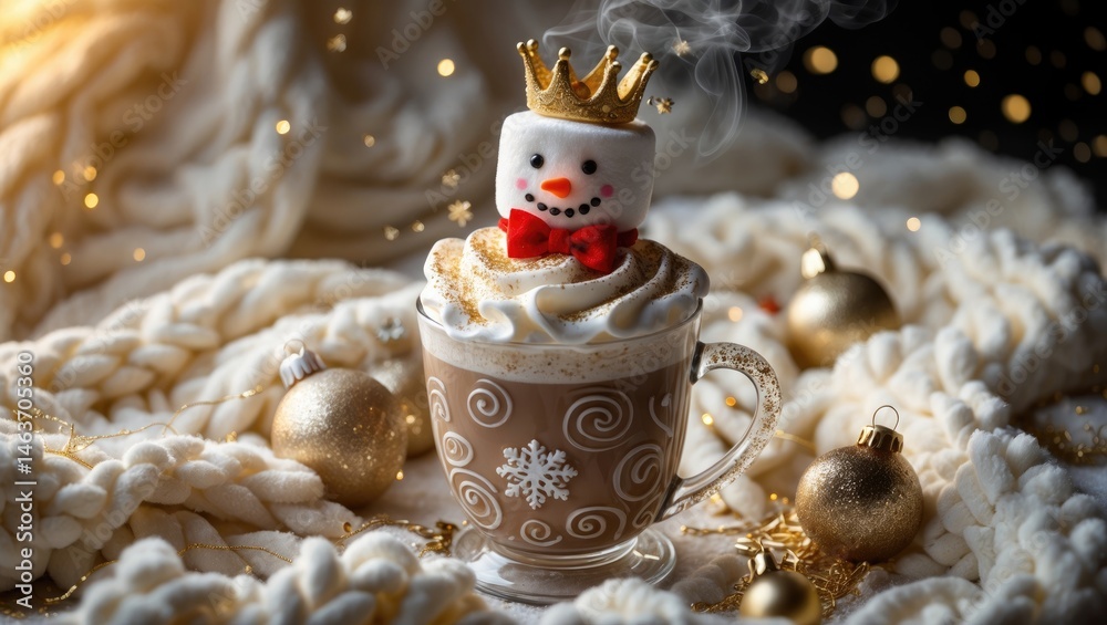 Obraz premium A cheerful marshmallow snowman crowns a festive dessert, adorned with holiday decorations and surrounded by celebratory confetti