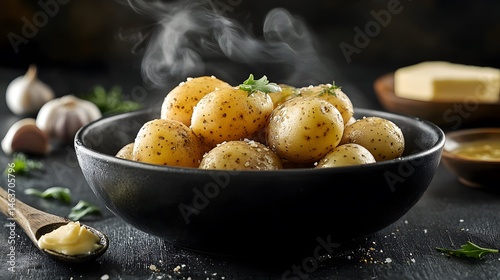 Steamed small potatoes in a dark bowl.