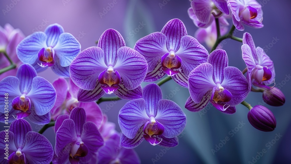 Fototapeta premium Close-up of Blooming Purple and Blue Orchids in a Bright Floral Setting