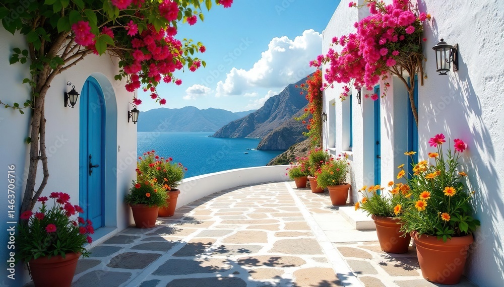 Naklejka premium Sun-drenched whitewashed village, vibrant flowers , mountain, street, spanish