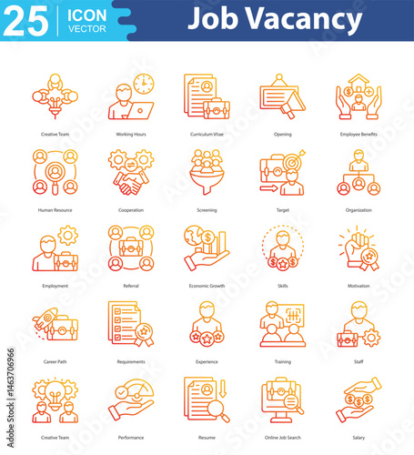 Job Vacancy icon sheet illustration vector creative team, working hours, curriculum vitae, opening, employee benefits, human resource, cooperation, screening, target, organization, employment