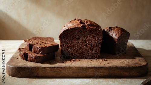 Slice of chocolate-flavored bread on a backdrop.