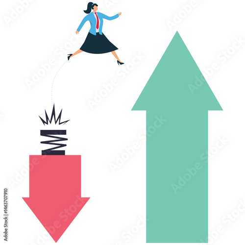 Changing or transforming, turning around, challenging the odds and conquering adversity, a businesswoman pole vaulting from the down arrow to the up arrow of growth