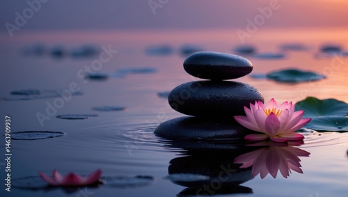 Zen, meditation, harmony. A lovely lotus flower accompanied by a pile of stones on the water's surface.
