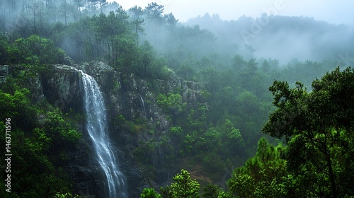 Scenic Waterfall View in Lush Green Forest Under Rainfall and Foggy Background