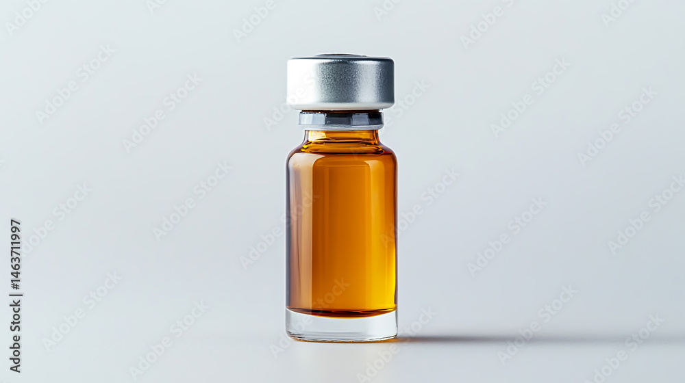 Close-up of a small amber glass vial filled with clear liquid, featuring a silver aluminum cap and rubber stopper