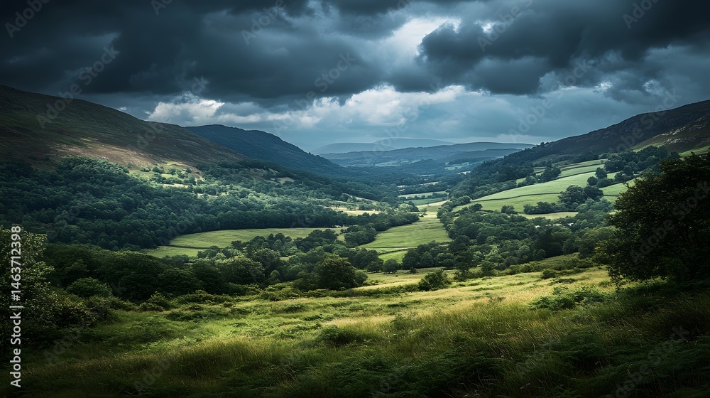 Fototapeta premium Dramatic valley landscape under a stormy sky.