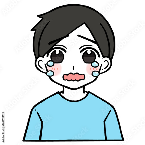 口を震わせながら涙を流して泣く男性のイラスト