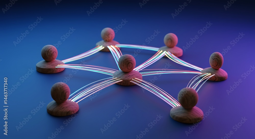 Obraz premium Wooden Figures Connected by Glowing Strands on a Blue Gradient Background