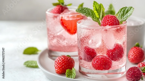 Wallpaper Mural Refreshing Strawberry Drink with Ice, Mint Garnish, Cold Beverage on White Table Torontodigital.ca