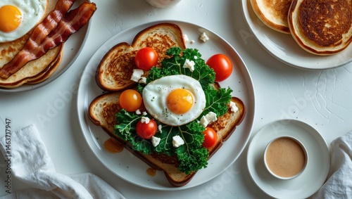 Delicious full American breakfast featuring eggs, bacon, hash browns, pancakes, and toast on a white home setting with natural light
