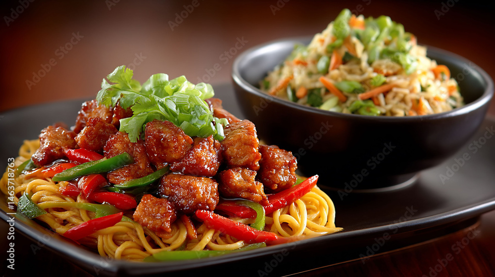 Delicious Asian-inspired dish of fried chicken, noodles, and rice with fresh vegetable garnish Delicious Asian-inspired dish of fried chicken, noodles, and rice with fresh vegetable garnish