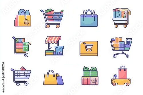 Colorful illustrations of shopping carts and bags.