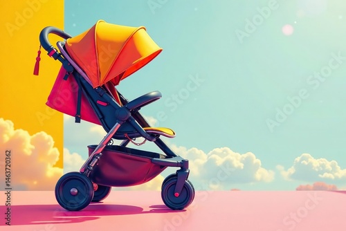 Bold geometric stroller print, vibrant colors, carriage, modern