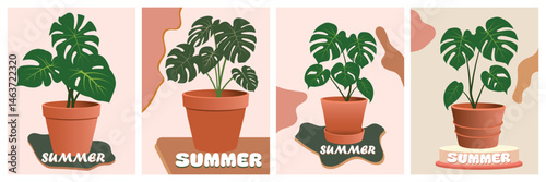 Creative concept boho wall decor summer greeting cards set plants, leaves, flowers, pot art. Abstract style covers, poster, ads, branding, template frame event decoration