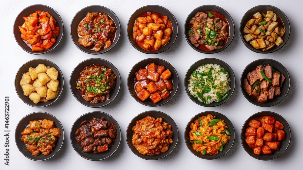 Assorted asian dishes in bowls overhead view of culinary delights