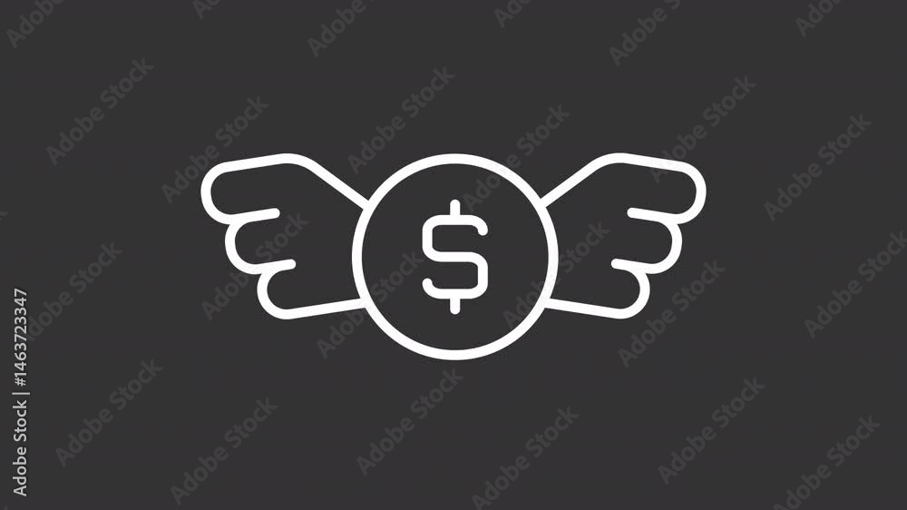 Financial freedom line animation. Flying coin with wings animated icon. Having enough money savings to live desire life. Abundance. Isolated element on dark background. Alpha transparent video Financial freedom line animation. Flying coin with wings animated icon. Having enough money savings to live desire life. Abundance. Isolated element on dark background. Alpha transparent video