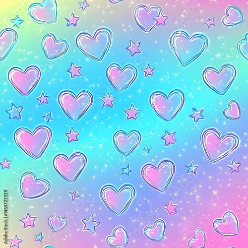 Pastel hearts and stars pattern on a vibrant gradient background.