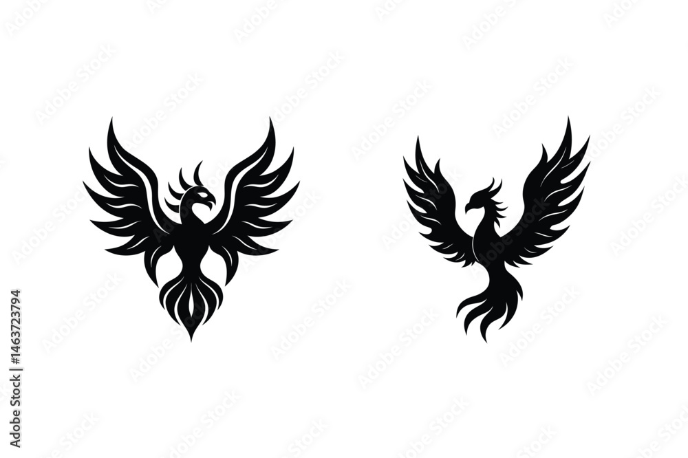 Fototapeta premium Two elegant black phoenix silhouettes displayed against a bright white background design