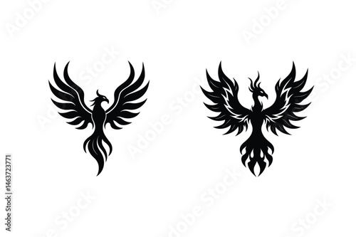 Two black phoenix bird logos displayed against a clean white background ready for design use