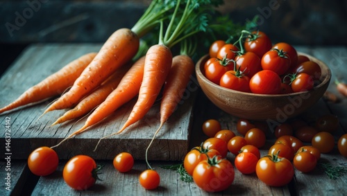 Colorful vegetables like tomatoes and carrots freshly harvested and displayed on a wooden surface