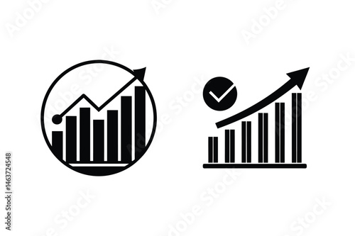 Black and white business growth chart icons indicating success and positive trends