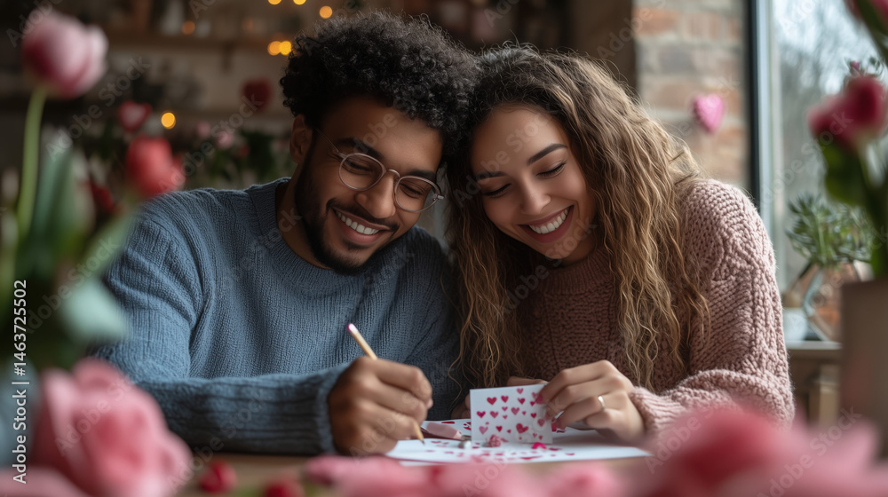 Fototapeta premium a smiling couple writing Valentine’s cards at a pastel-decorated table