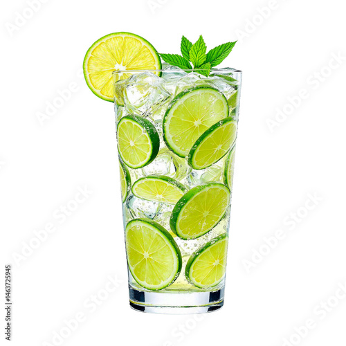 fresh mojito cocktail in a glass with lime mint and ice on a white background