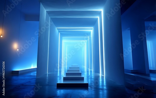 Neon Light Corridor with Steps and White Walls