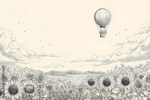 Monochromatic field of sunflowers with a hot air balloon.