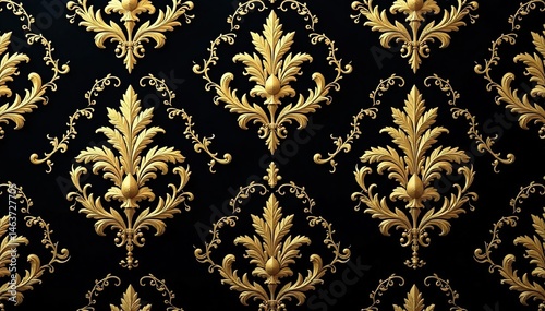 Bold, large-scale damask pattern with swirling acanthus leaves and arabesques in gold on black, pattern, wallpaper