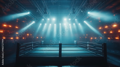 Empty boxing ring under stage lights photo