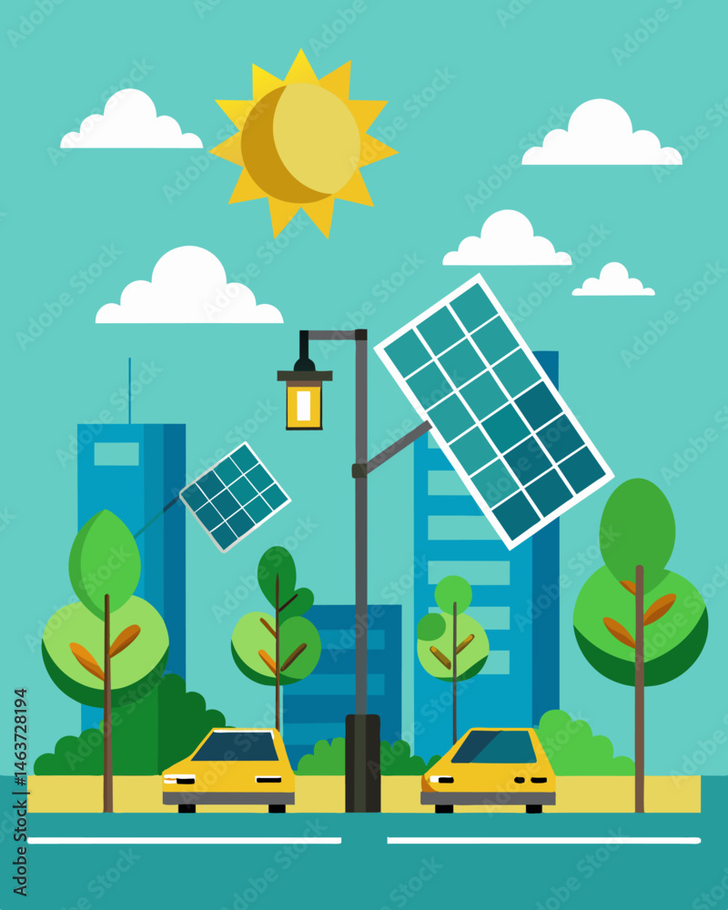 With the installation of solarpowered traffic lights the citys reliance on traditional energy sources decreased.. Vector illustration
