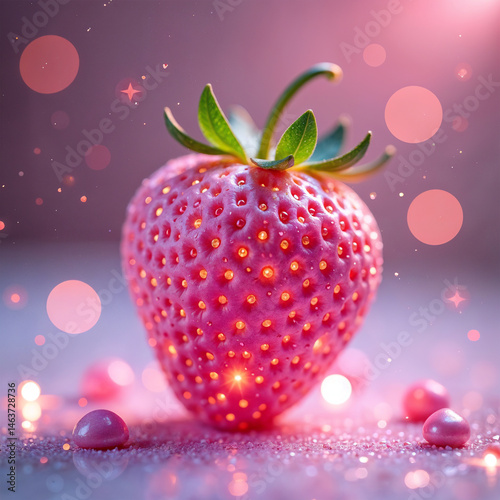 A magical pink strawberry covered in glittering gems and iridescent candy-shaped crystals, including hearts, stars, and geometric shards. Sparkling and glowing with fairy dust, surrounded by pastel 