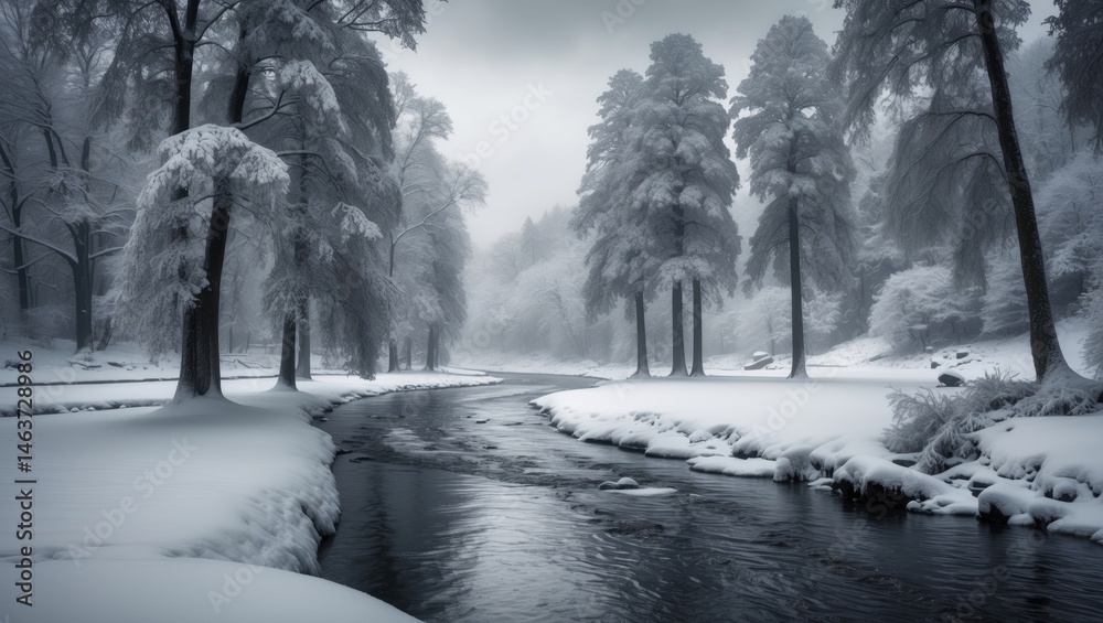 Obraz premium Snowy Park View with Trees, Waterfall, and River in a Winter Wonderland