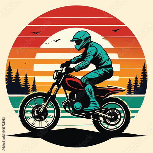 Retro graphic of a motocross rider on a dirt bike during a vibrant sunset adventure.