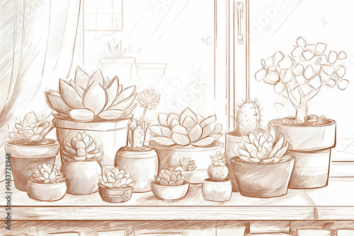 A collection of succulent plants displayed on a windowsill.