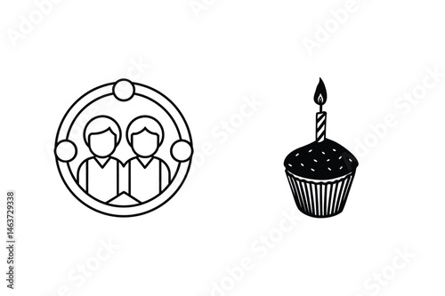 Minimalist vector illustration of two friends celebrating with birthday cupcake black and white