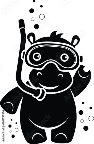 Cartoon style hippo wearing a snorkeling mask and snorkel high quality silhouette vector illustration, cartoon hippo wearing a snorkeling mask and snorkel line art vector design