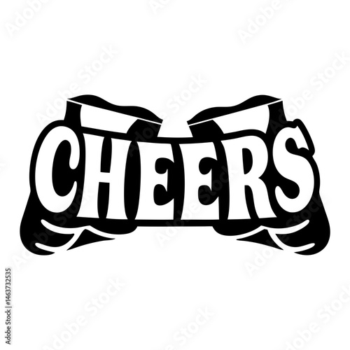 Black and white vector design featuring the word cheers and beer glasses