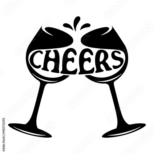 Two wine glasses toasting with the text CHEERS inside the glass