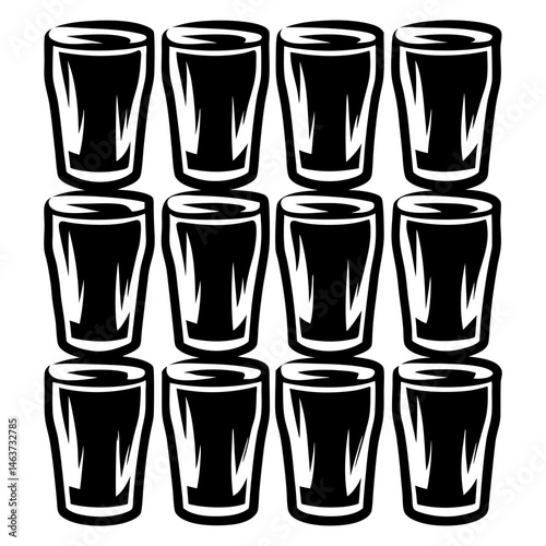 Black and white pattern of pint glasses arranged in a grid like formation